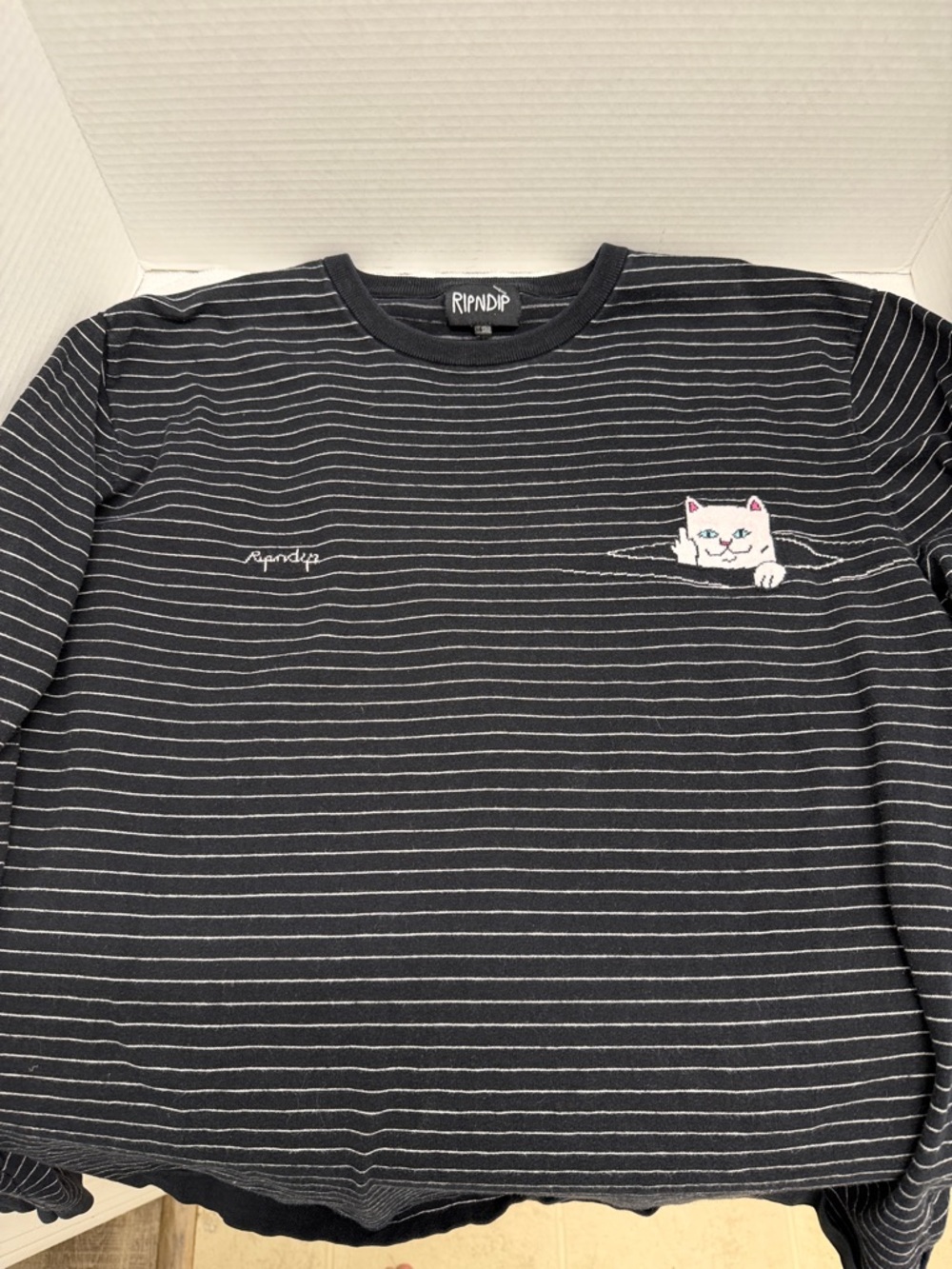 RIPNDIP Black & White Striped Cat Pocket Long Sleeve